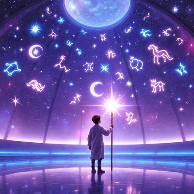 The primary subject of the image is a young boy standing in a room with a large, illuminated dome in the background. The dome features a starry night sky, and the boy is holding a staff, possibly a wand or a light source. The setting appears to be a space or a room with a celestial theme. The visual style of the image is a combination of digital art and illustration, creating a unique and captivating atmosphere. The colors and mood of the image are predominantly purple and blue, which contribute to the sense of wonder and imagination.